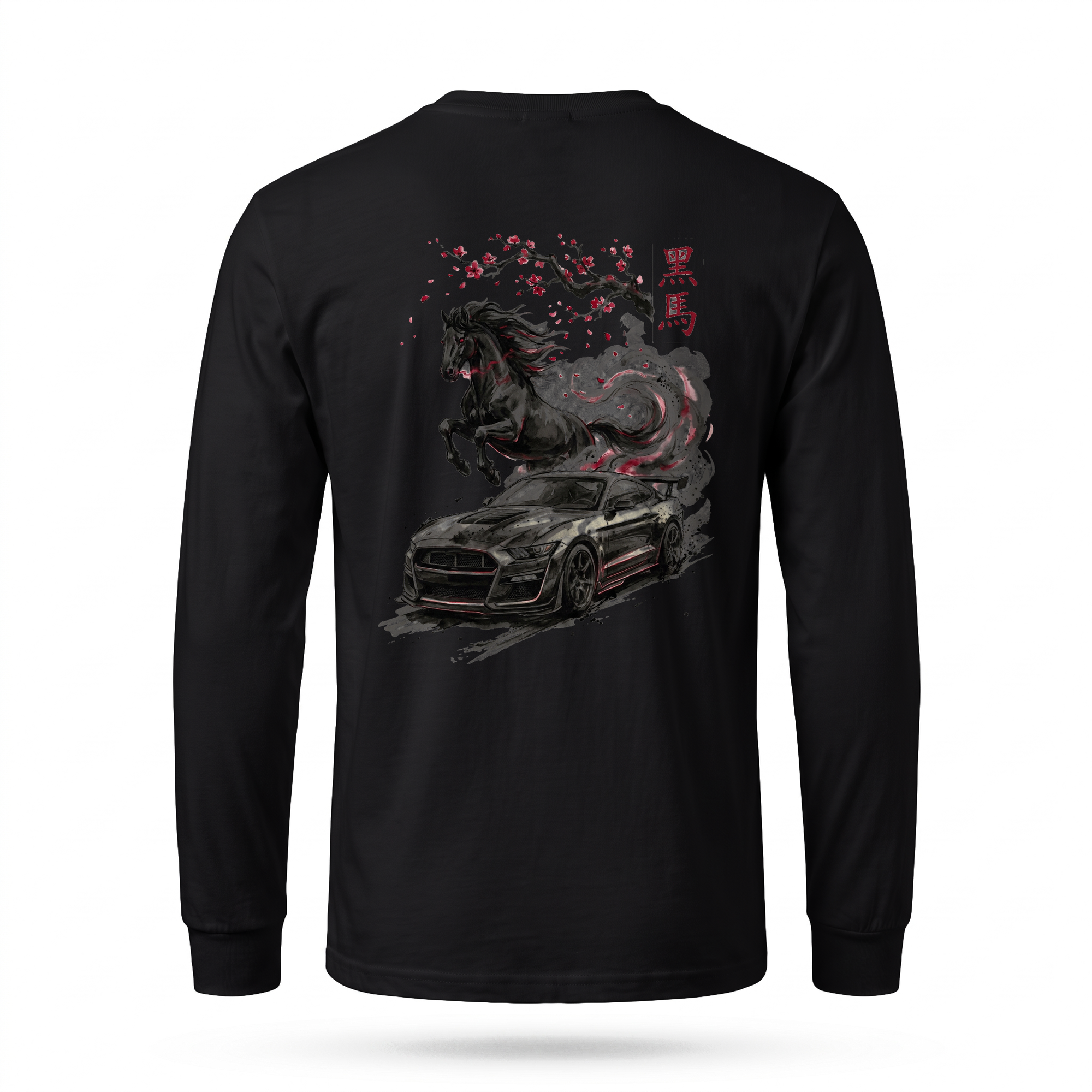 Black Horse — Mustang Dark Horse Stallion Sumi Ink Full-Back Long Sleeve — Black back