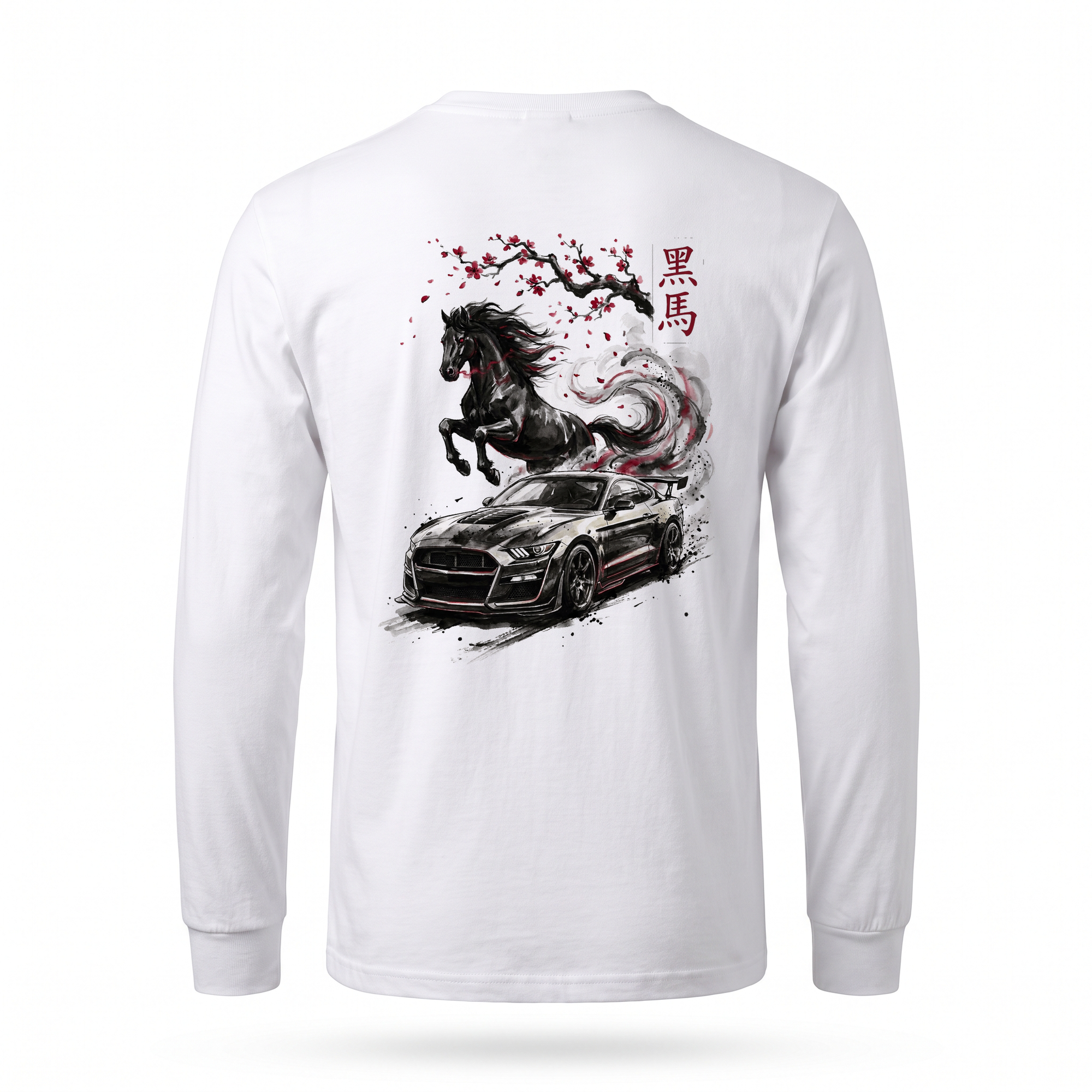 Black Horse — Mustang Dark Horse Stallion Sumi Ink Full-Back Long Sleeve — White back