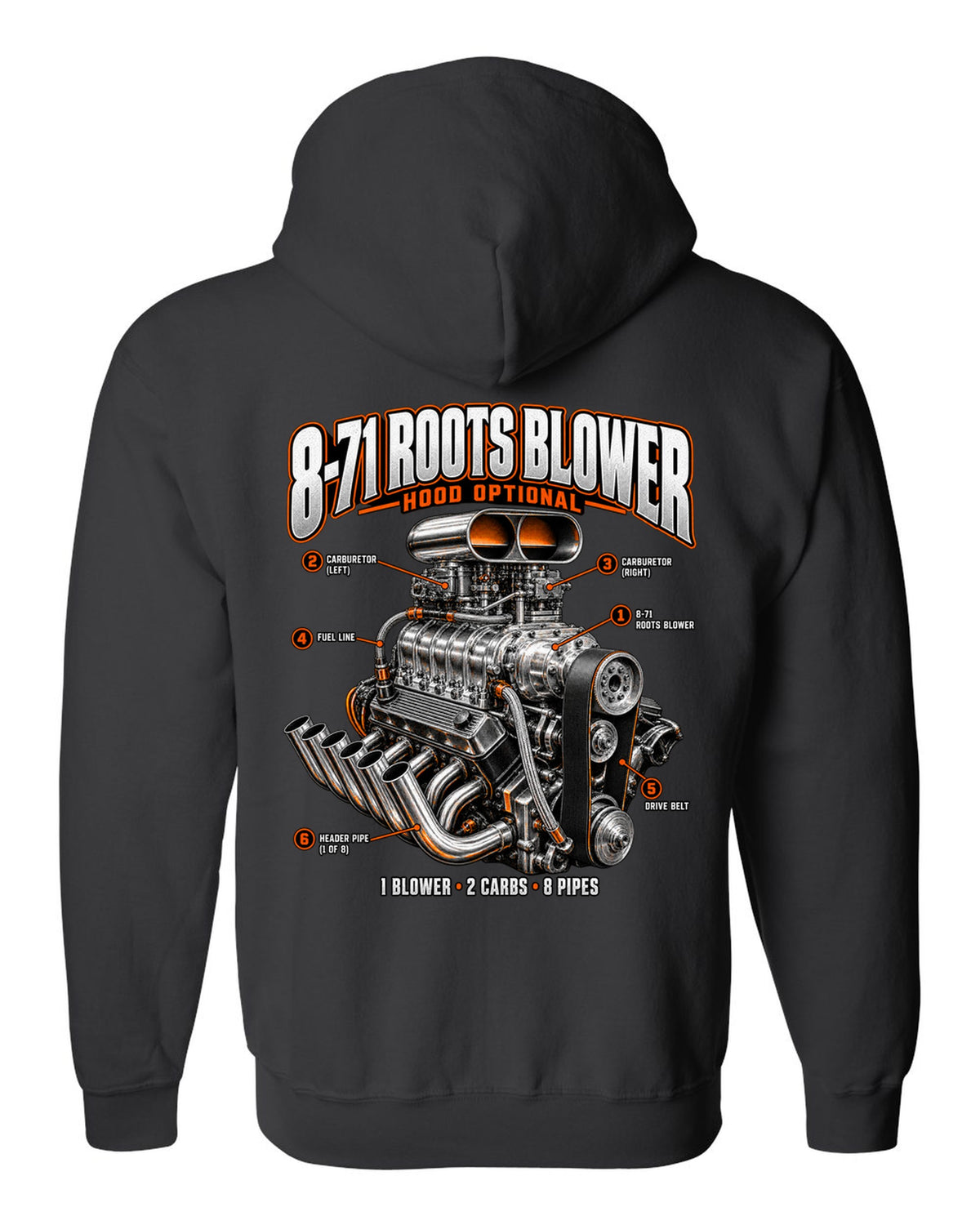 Engine callout print of a blown small-block V8 with 8-71 Roots blower black zip hoodie back view with the design