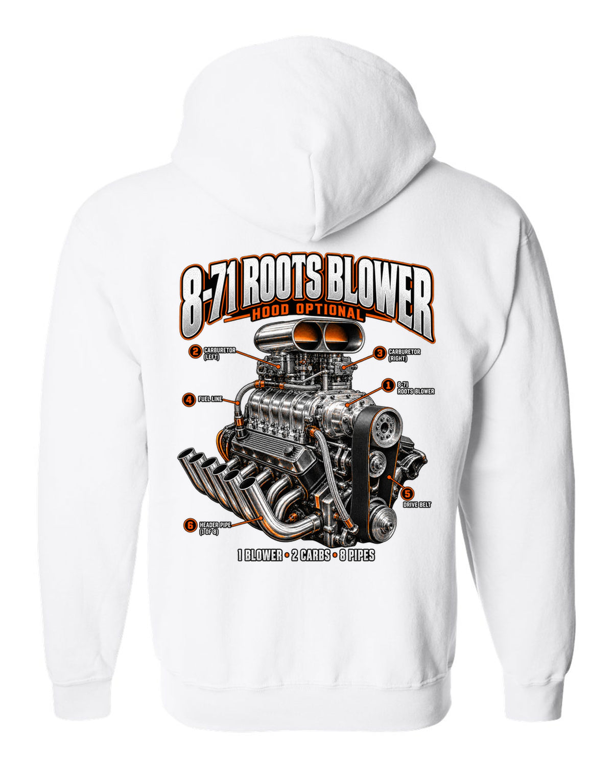 Engine callout print of a blown small-block V8 with 8-71 Roots blower white zip hoodie back view with the design
