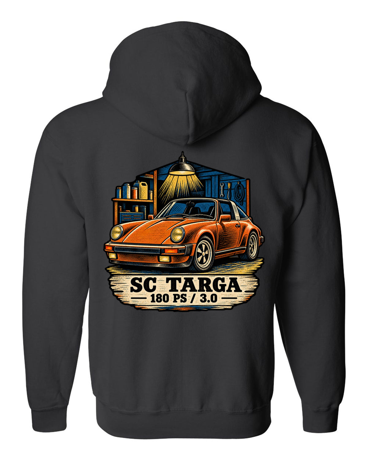 Blueprint line art print of a Porsche 356 A 1.6 L flat-four engine with the text 1600, 60 HP and fan on top black zip hoodie back view with the design