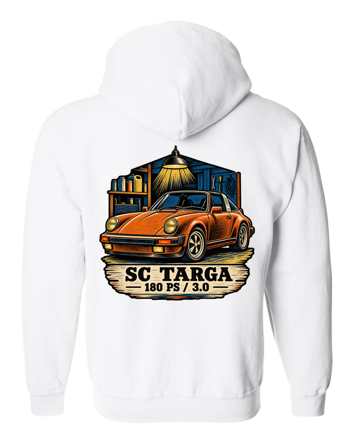Blueprint line art print of a Porsche 356 A 1.6 L flat-four engine with the text 1600, 60 HP and fan on top white zip hoodie back view with the design