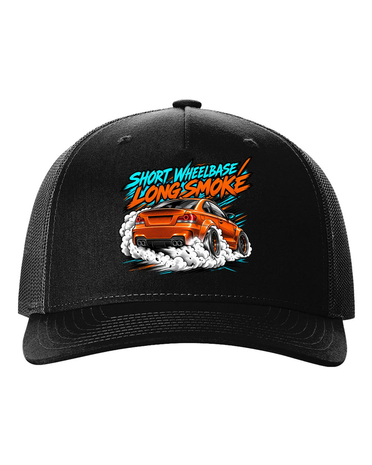 Retro manga halftone panel print of a BMW 1 Series M Coupe E82 burnout black hat front view with the design