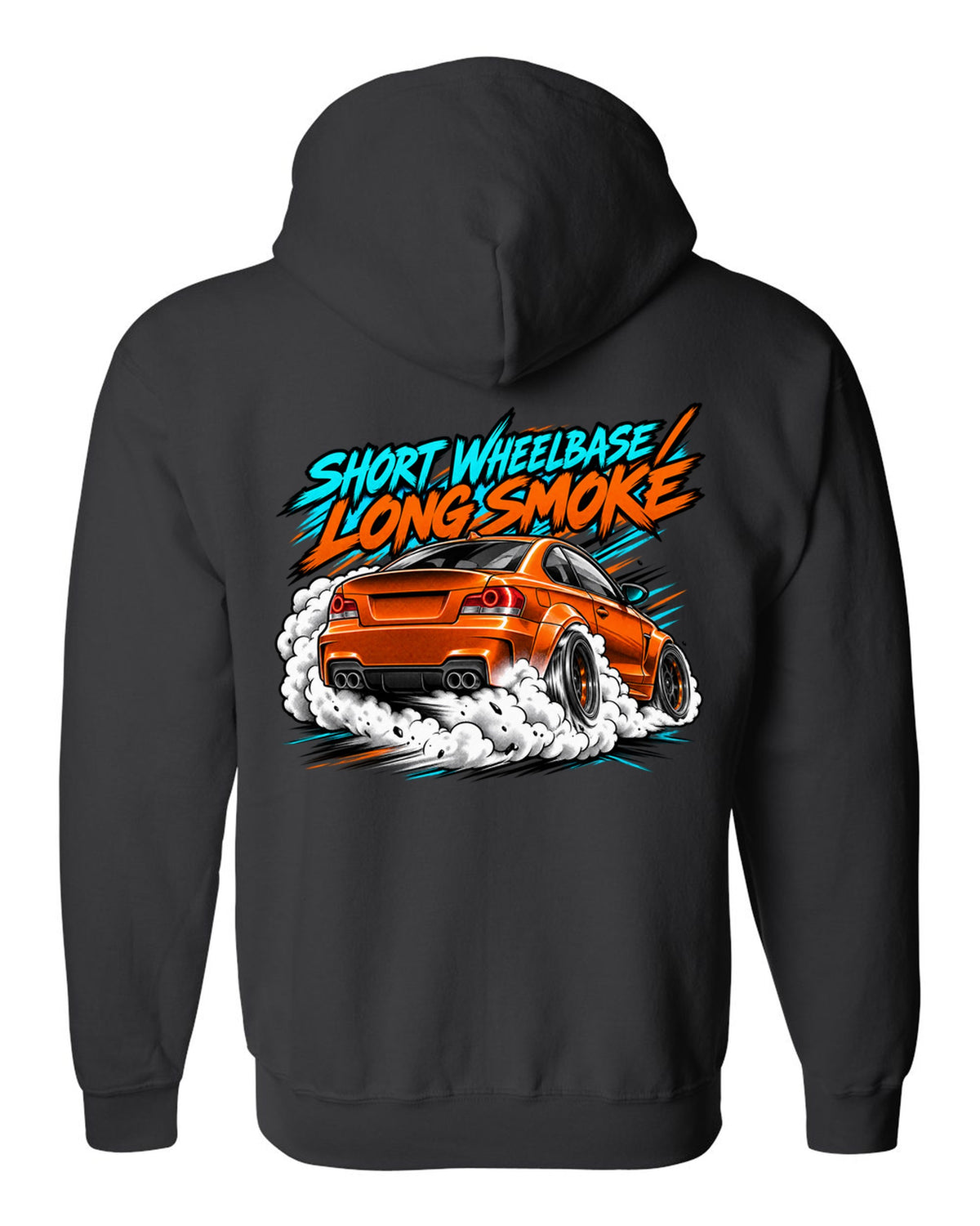 Retro manga halftone panel print of a BMW 1 Series M Coupe E82 burnout black zip hoodie back view with the design