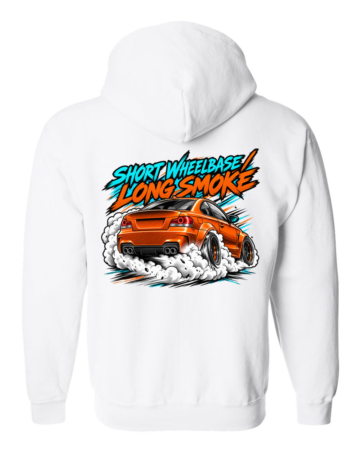 Retro manga halftone panel print of a BMW 1 Series M Coupe E82 burnout white zip hoodie back view with the design