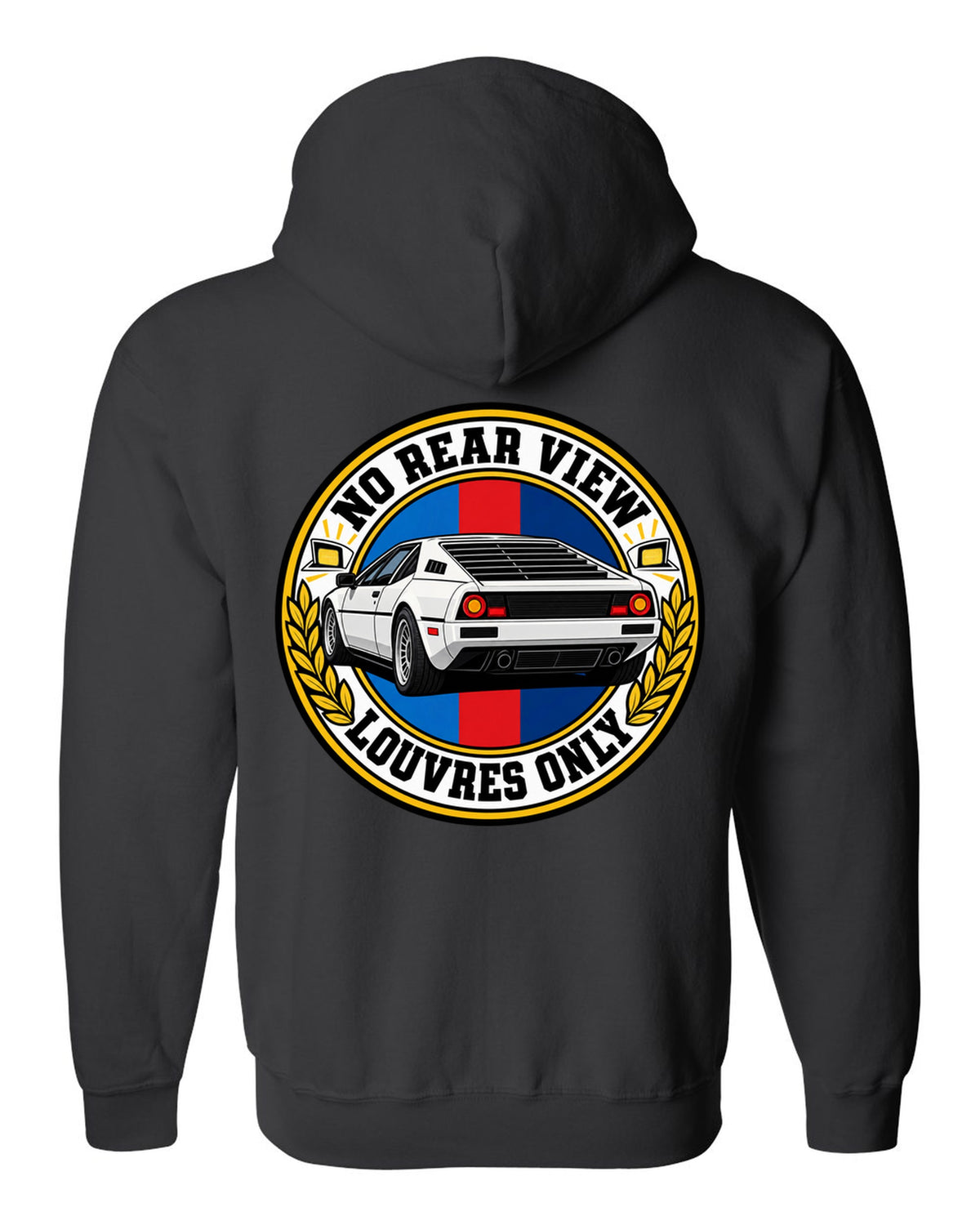 Stencil spray-paint print of a BMW 1 Series M Coupe E82 with N54 wastegate text black zip hoodie back view with the design