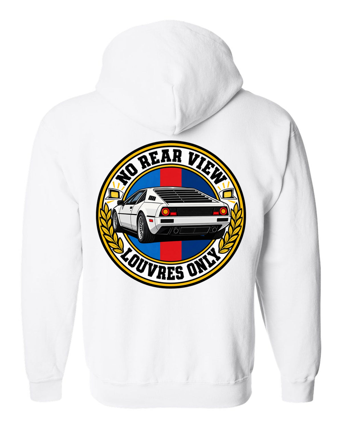 Stencil spray-paint print of a BMW 1 Series M Coupe E82 with N54 wastegate text white zip hoodie back view with the design