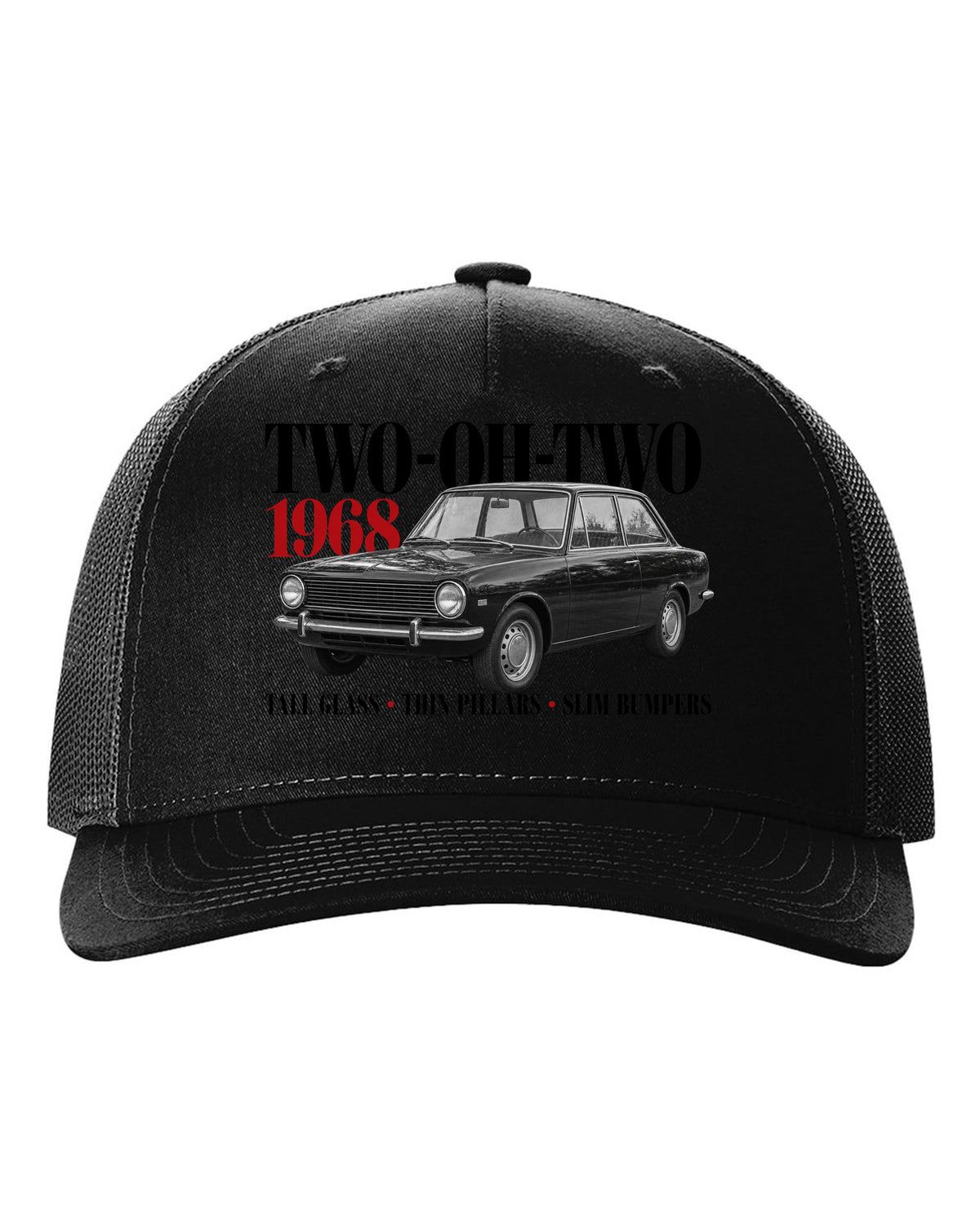 BMW 2002 editorial print with Two-Oh-Two 1968 headline and design details black hat front view with the design