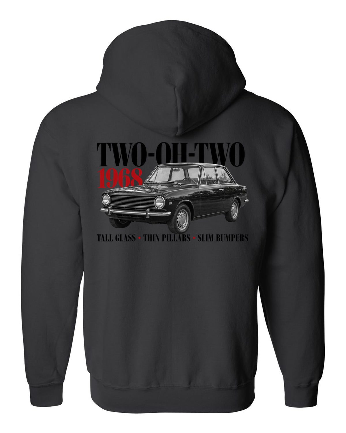 BMW 2002 editorial print with Two-Oh-Two 1968 headline and design details black zip hoodie back view with the design