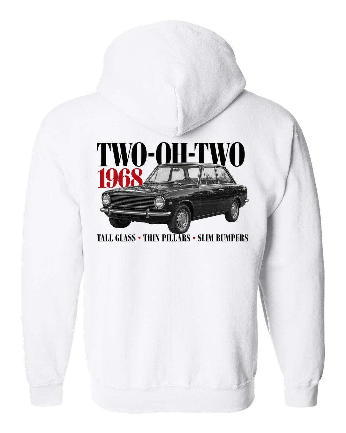 BMW 2002 editorial print with Two-Oh-Two 1968 headline and design details white zip hoodie back view with the design