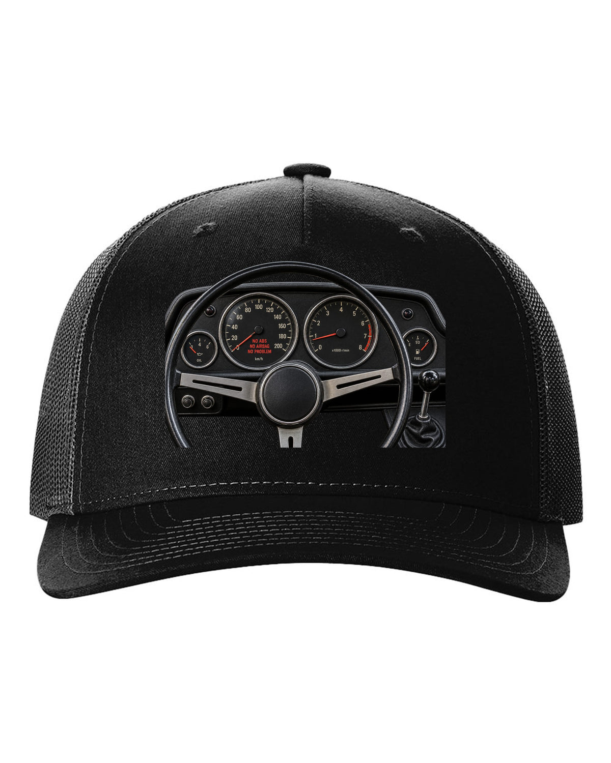 BMW 2002 cockpit gauge print with no ABS no airbag no problem text black hat front view with the design