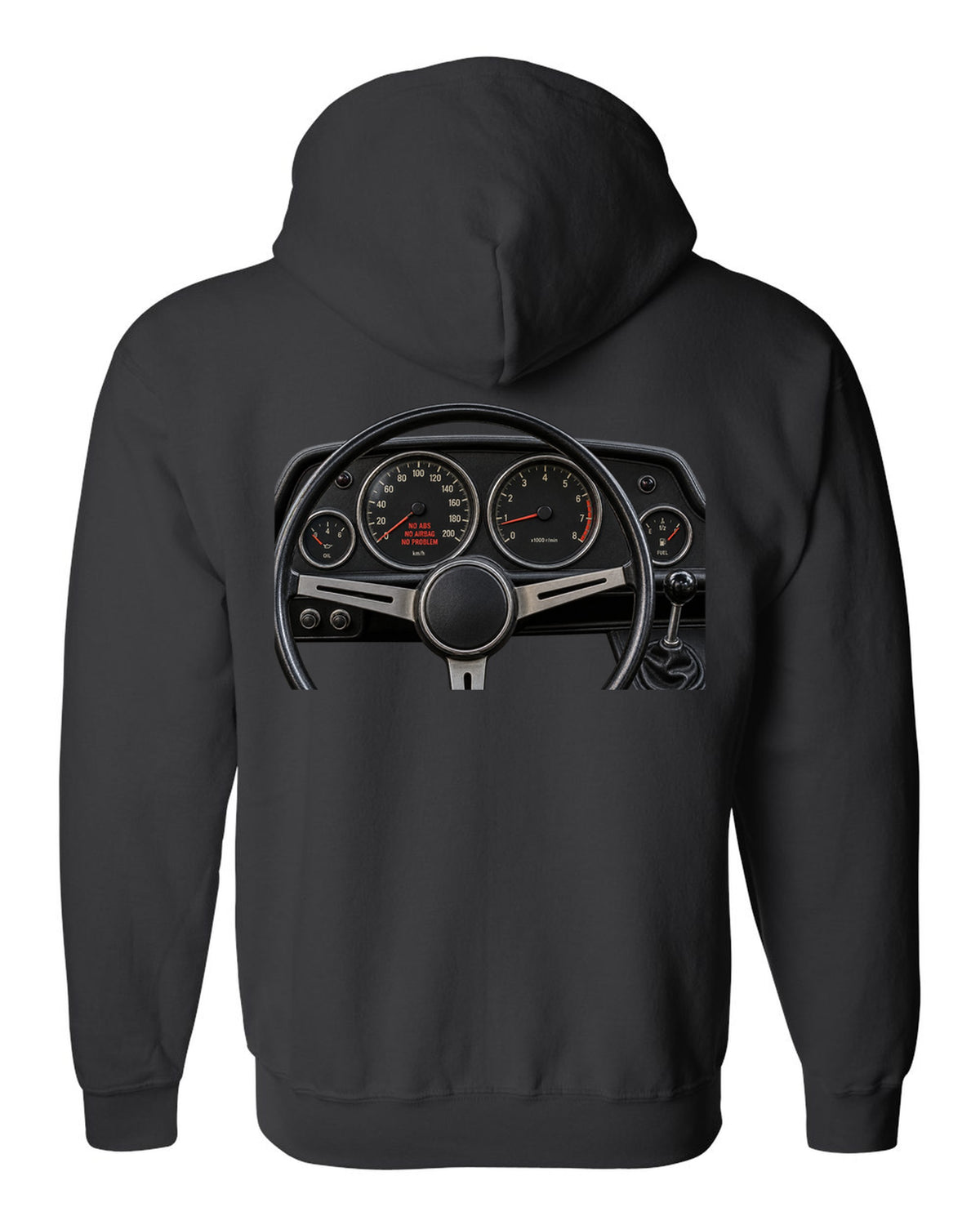 BMW 2002 cockpit gauge print with no ABS no airbag no problem text black zip hoodie back view with the design