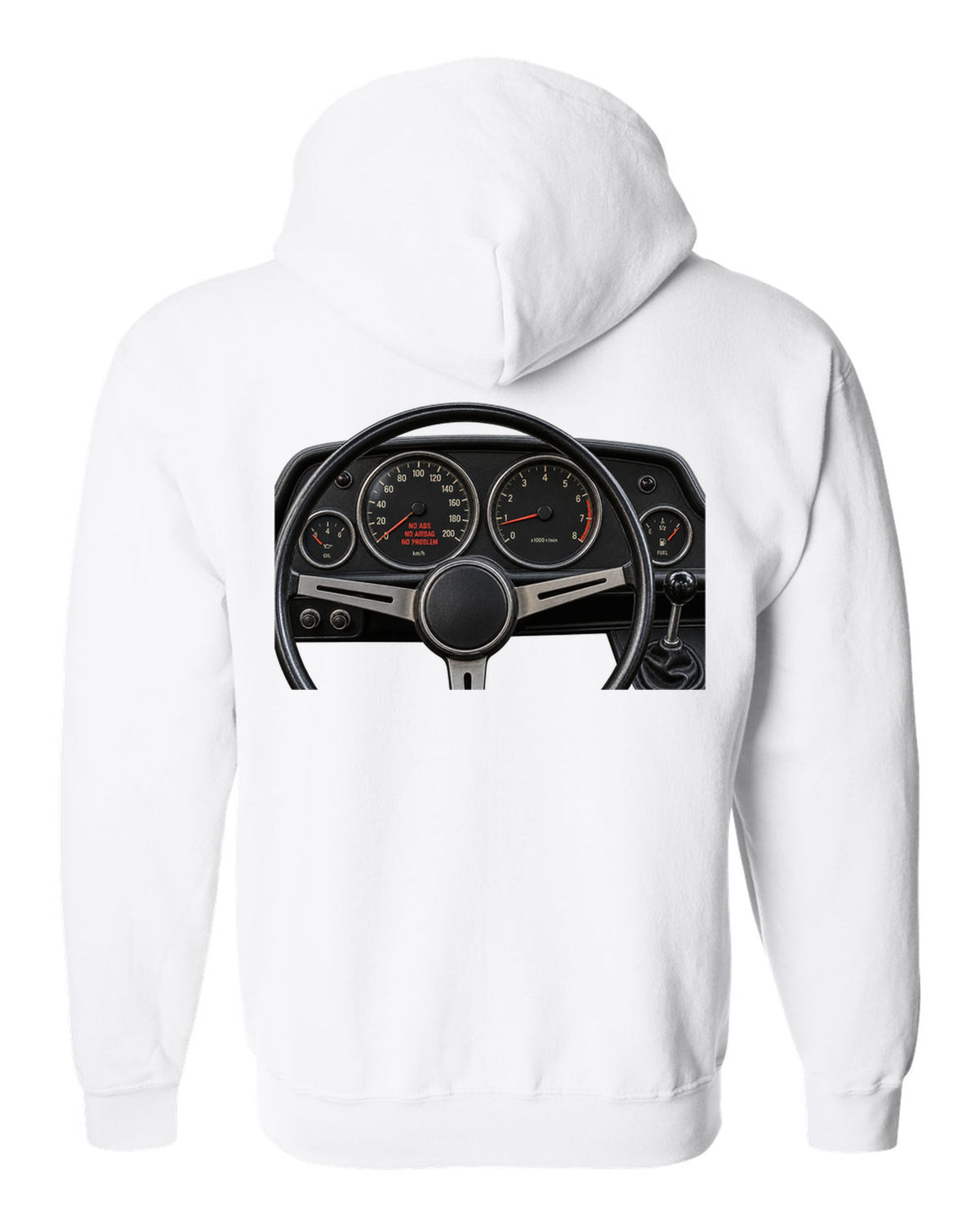 BMW 2002 cockpit gauge print with no ABS no airbag no problem text white zip hoodie back view with the design