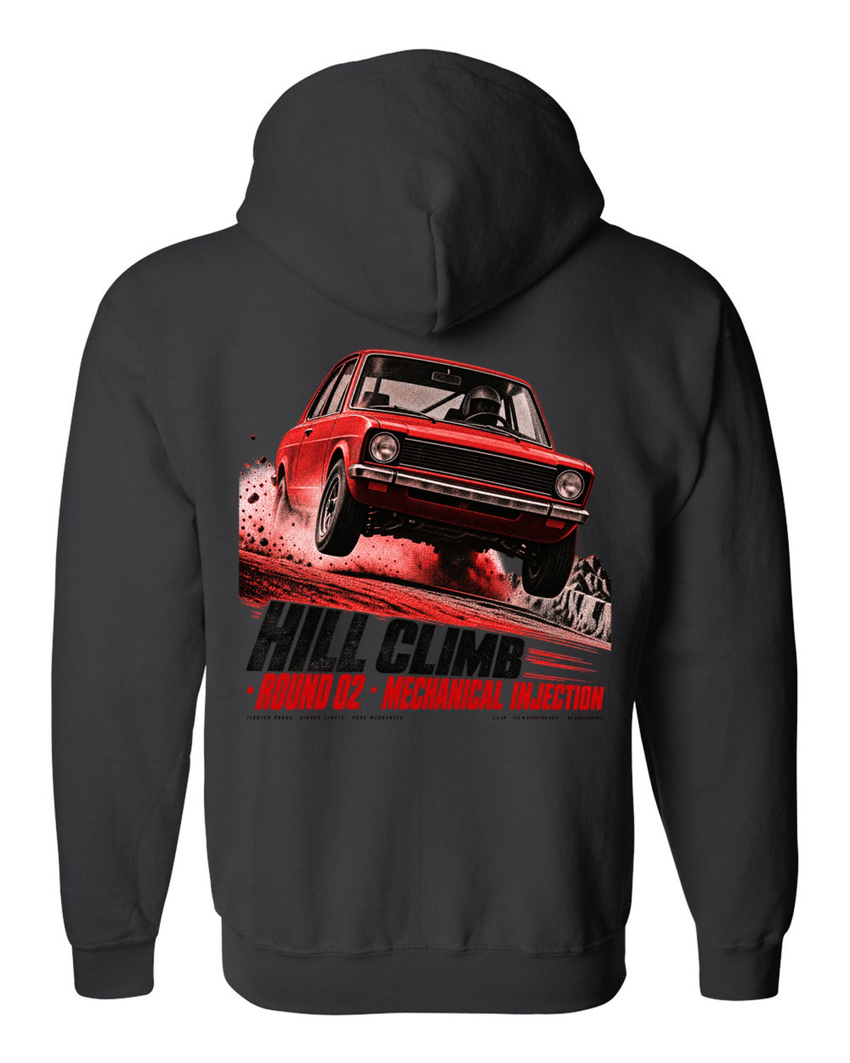 BMW 2002 tii hill climb race poster print with mechanical injection text black zip hoodie back view with the design