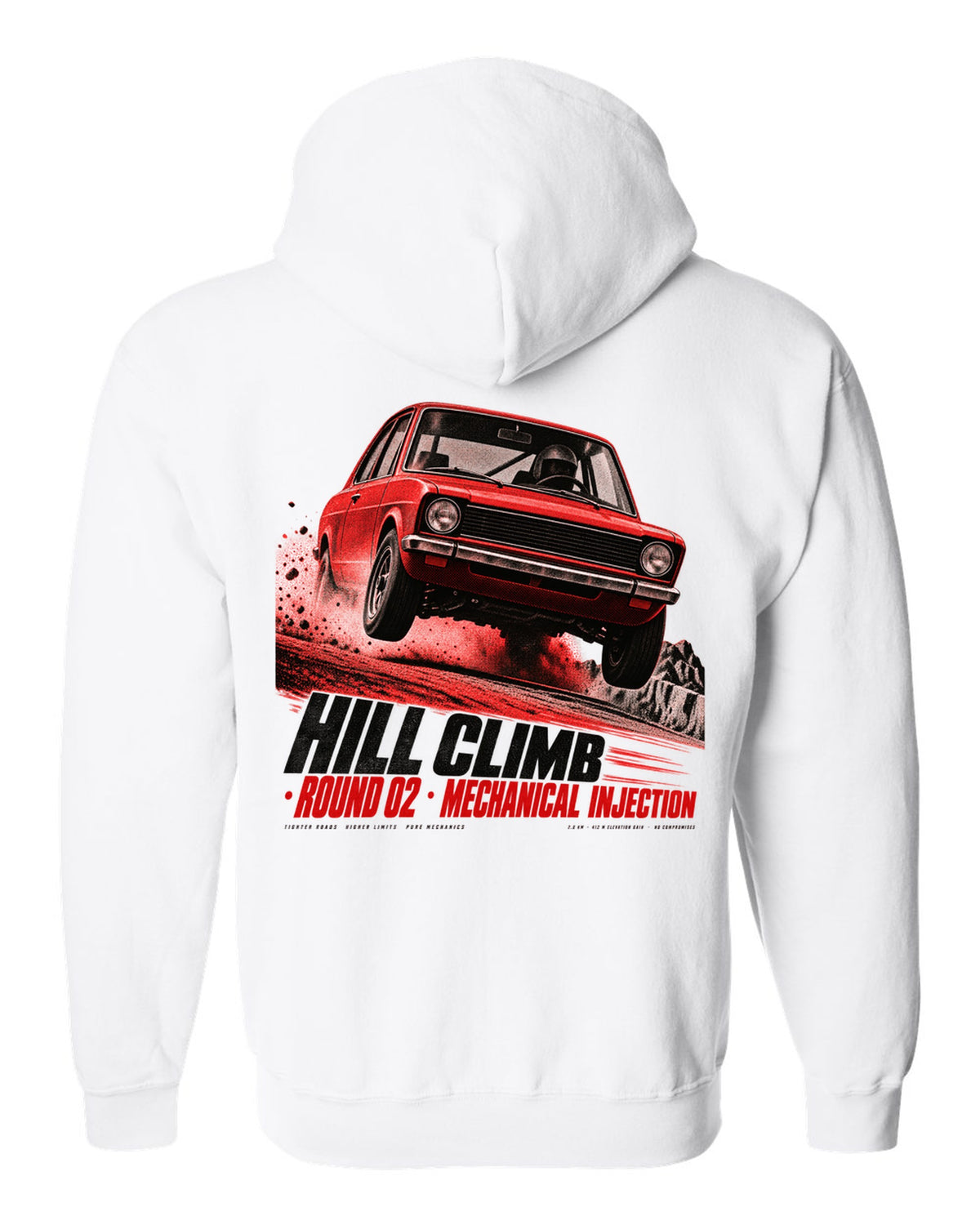 BMW 2002 tii hill climb race poster print with mechanical injection text white zip hoodie back view with the design