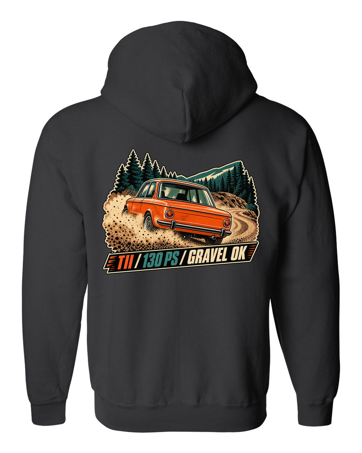 BMW 2002 tii vintage hillclimb race poster print with 130 PS text black zip hoodie back view with the design