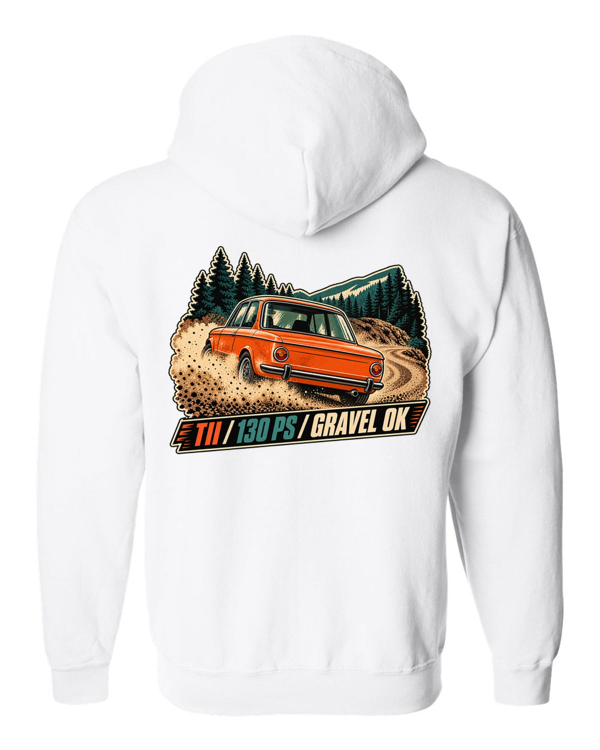 BMW 2002 tii vintage hillclimb race poster print with 130 PS text white zip hoodie back view with the design