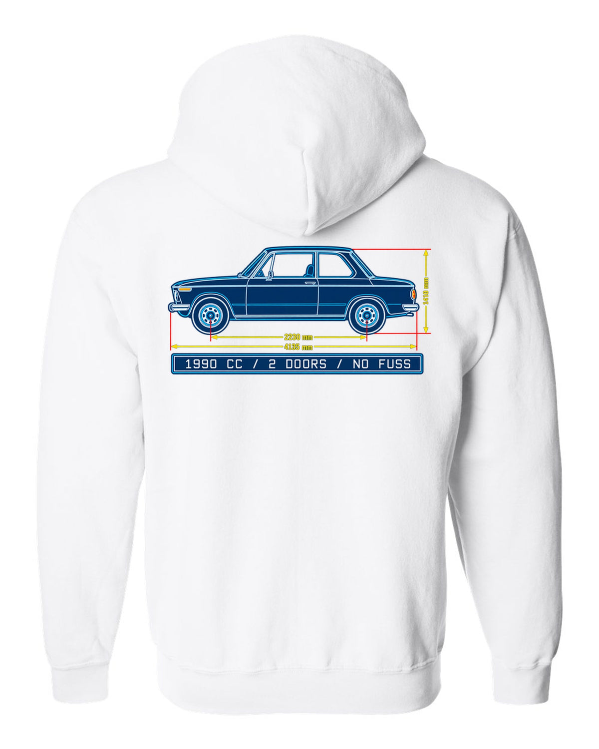 BMW 2002 turbo flared arch linocut woodcut print with 1,672 built text white zip hoodie back view with the design