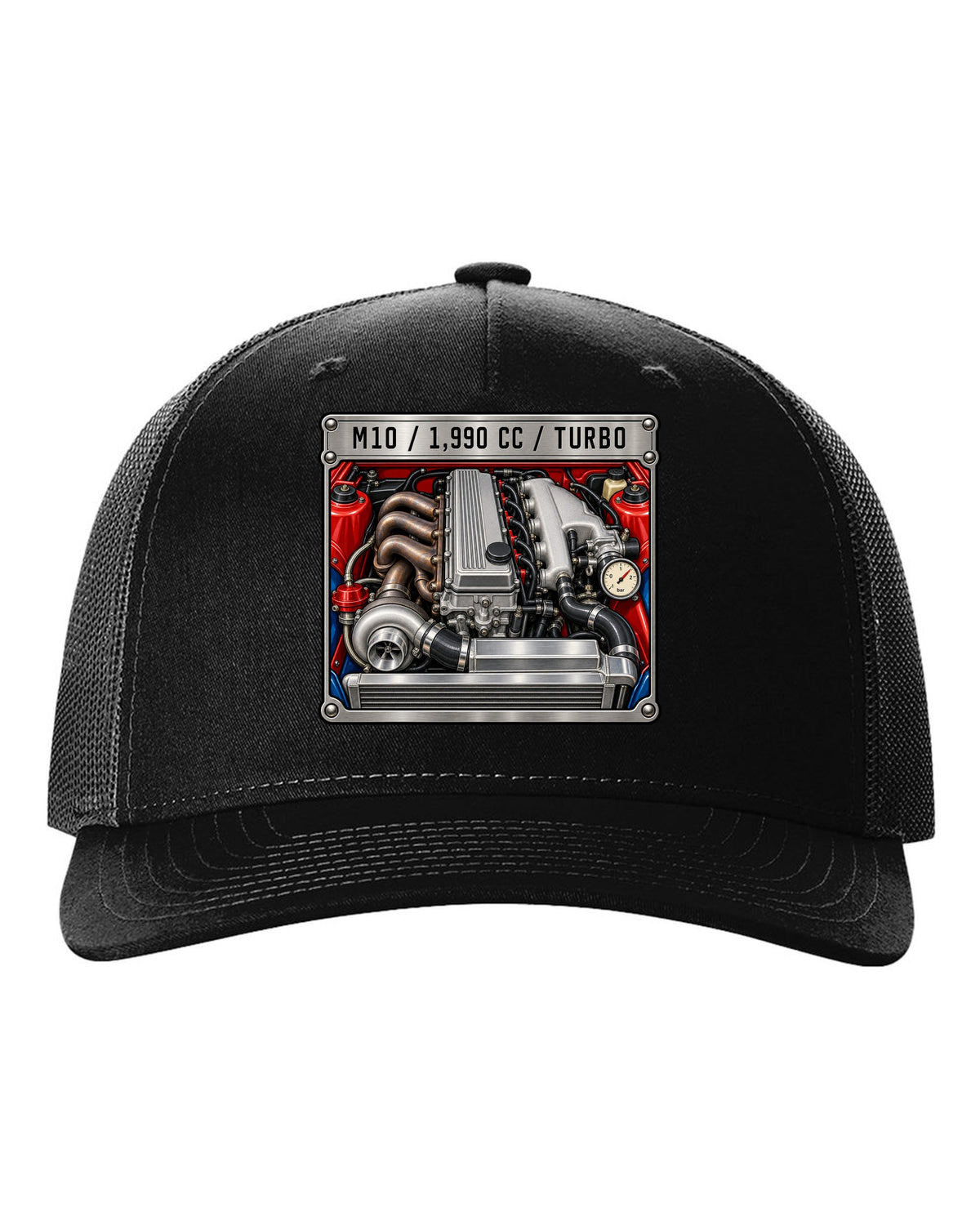 BMW 2002 turbo M10 engine spec data plate print with 1,990 cc text black hat front view with the design