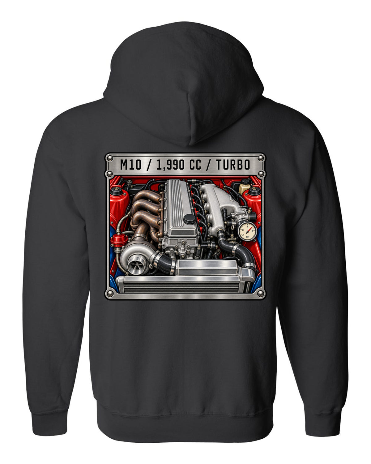 BMW 2002 turbo M10 engine spec data plate print with 1,990 cc text black zip hoodie back view with the design