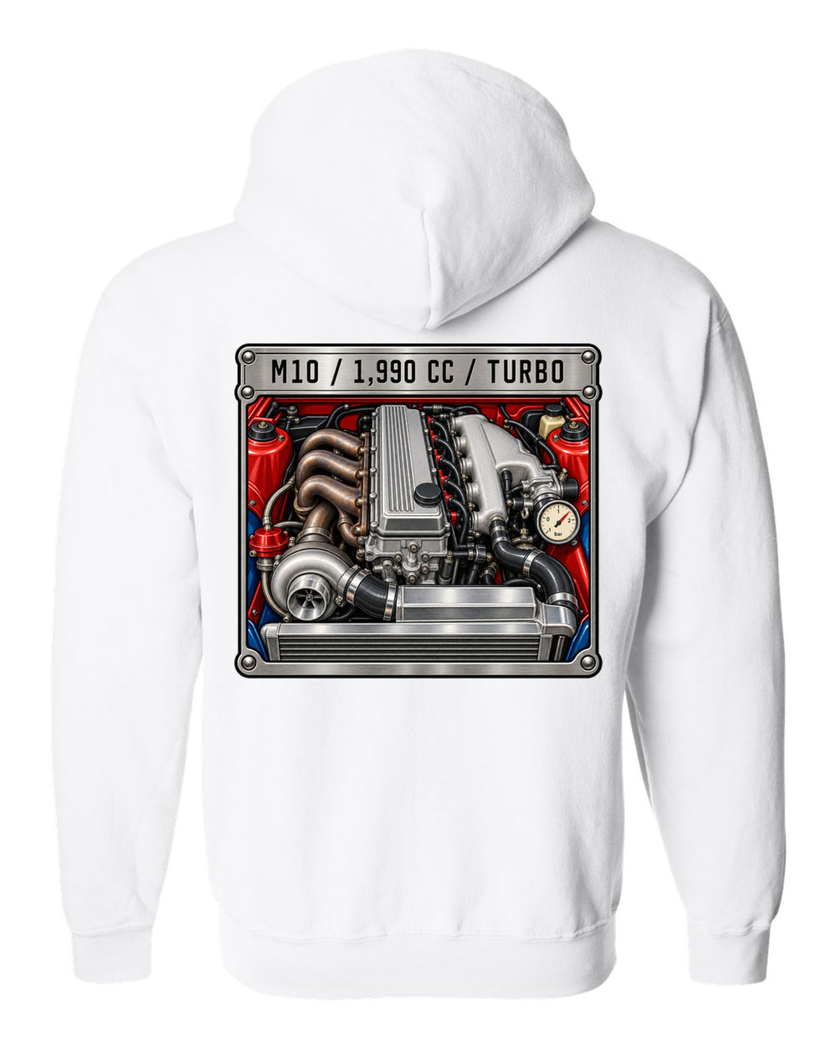 BMW 2002 turbo M10 engine spec data plate print with 1,990 cc text white zip hoodie back view with the design