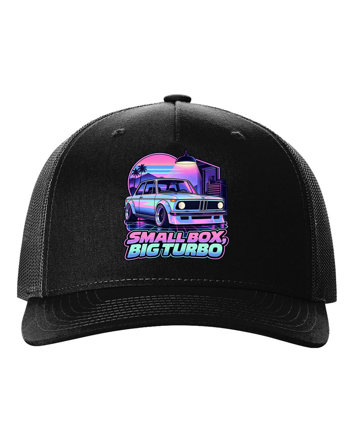 BMW 2002 turbo vaporwave pastel print with small box big turbo text black hat front view with the design