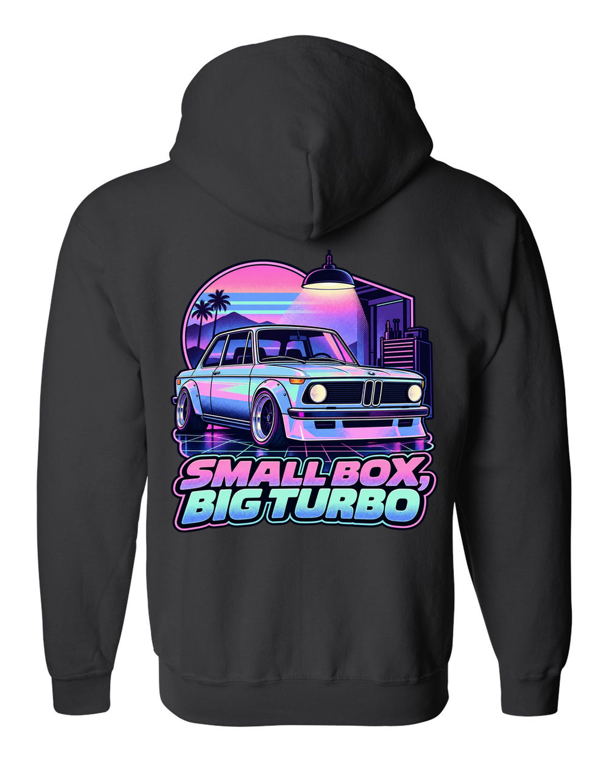 BMW 2002 turbo vaporwave pastel print with small box big turbo text black zip hoodie back view with the design