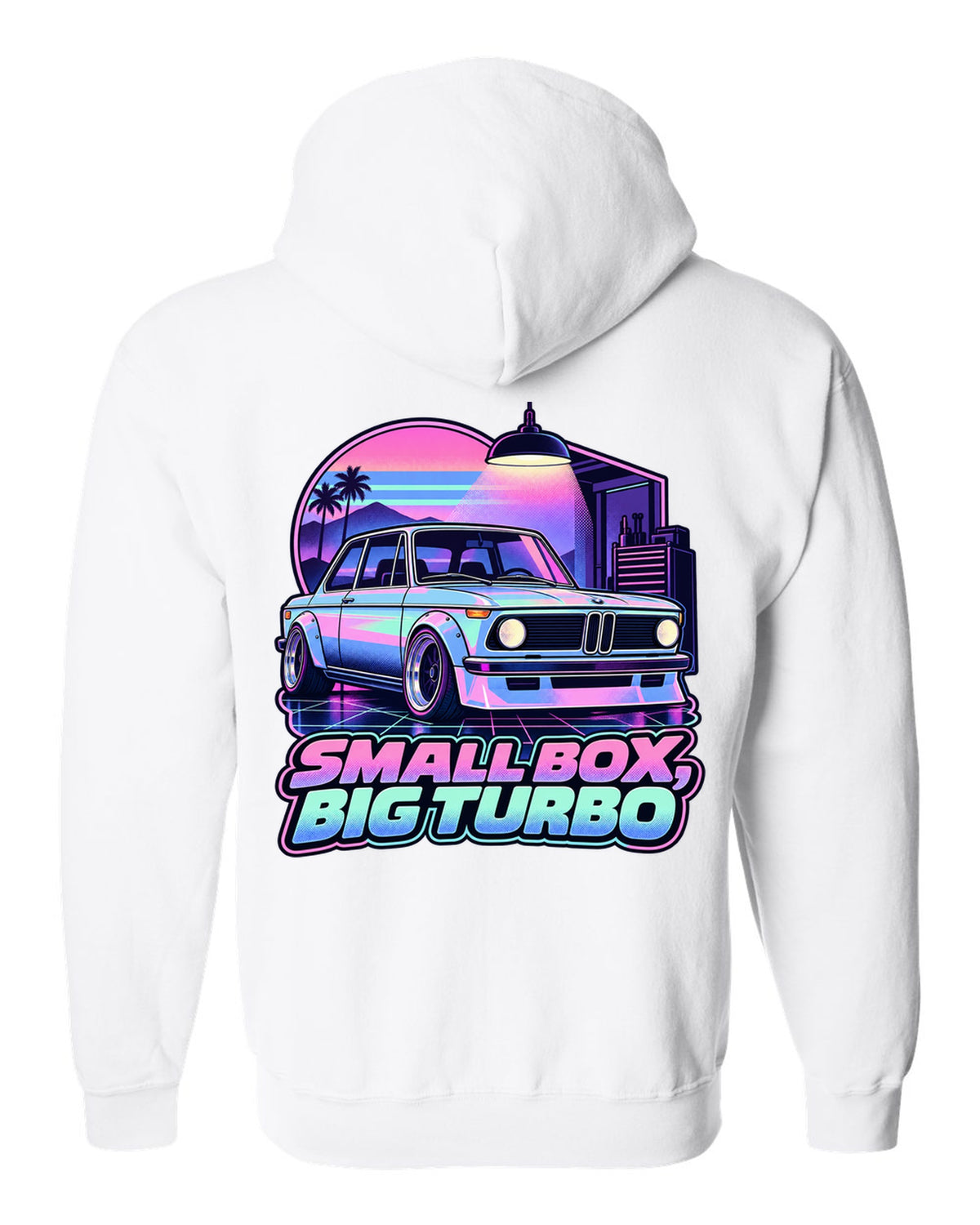 BMW 2002 turbo vaporwave pastel print with small box big turbo text white zip hoodie back view with the design