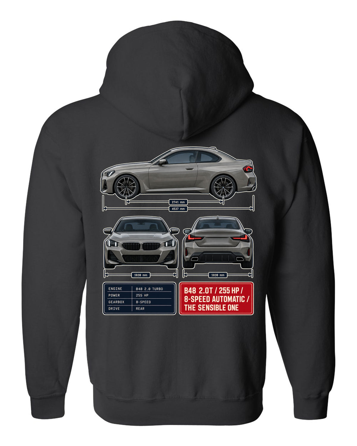 BMW 230i G42 coupe three-view drawing with spec table print black zip hoodie back view with the design