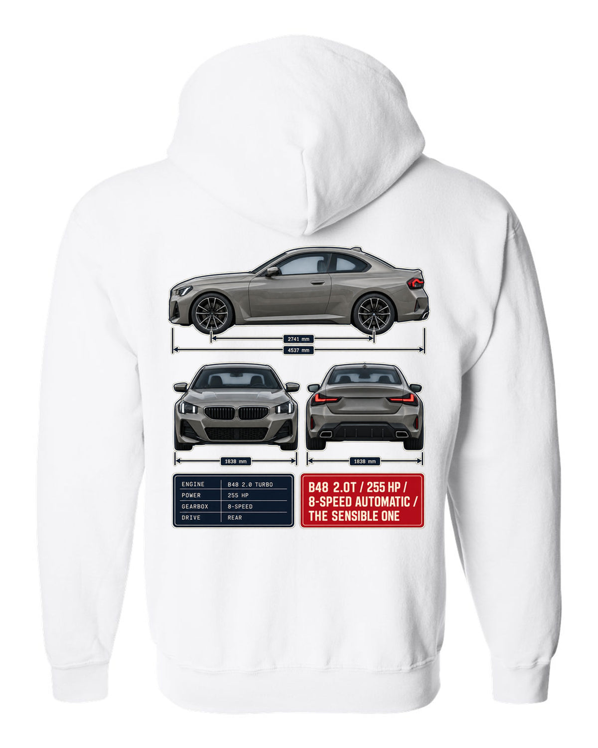 BMW 230i G42 coupe three-view drawing with spec table print white zip hoodie back view with the design