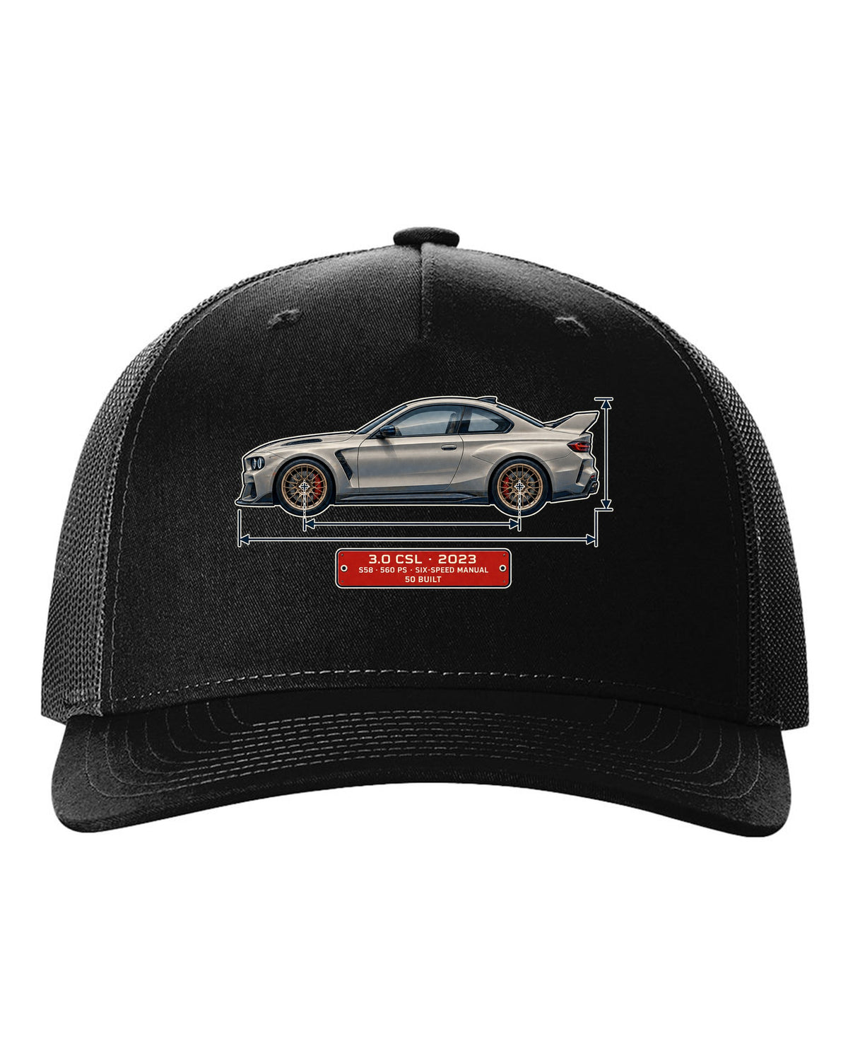 BMW 3.0 CSL 2023 dimension blueprint print black hat front view with the design
