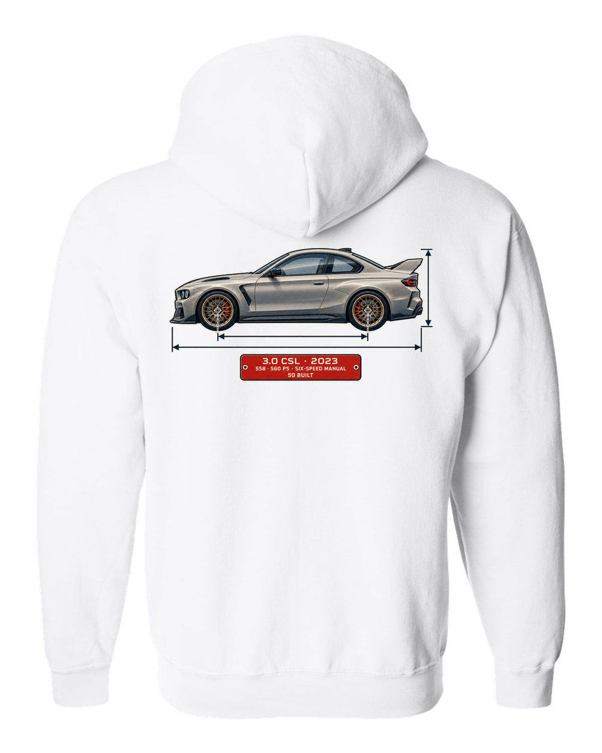 BMW 3.0 CSL 2023 dimension blueprint print white zip hoodie back view with the design
