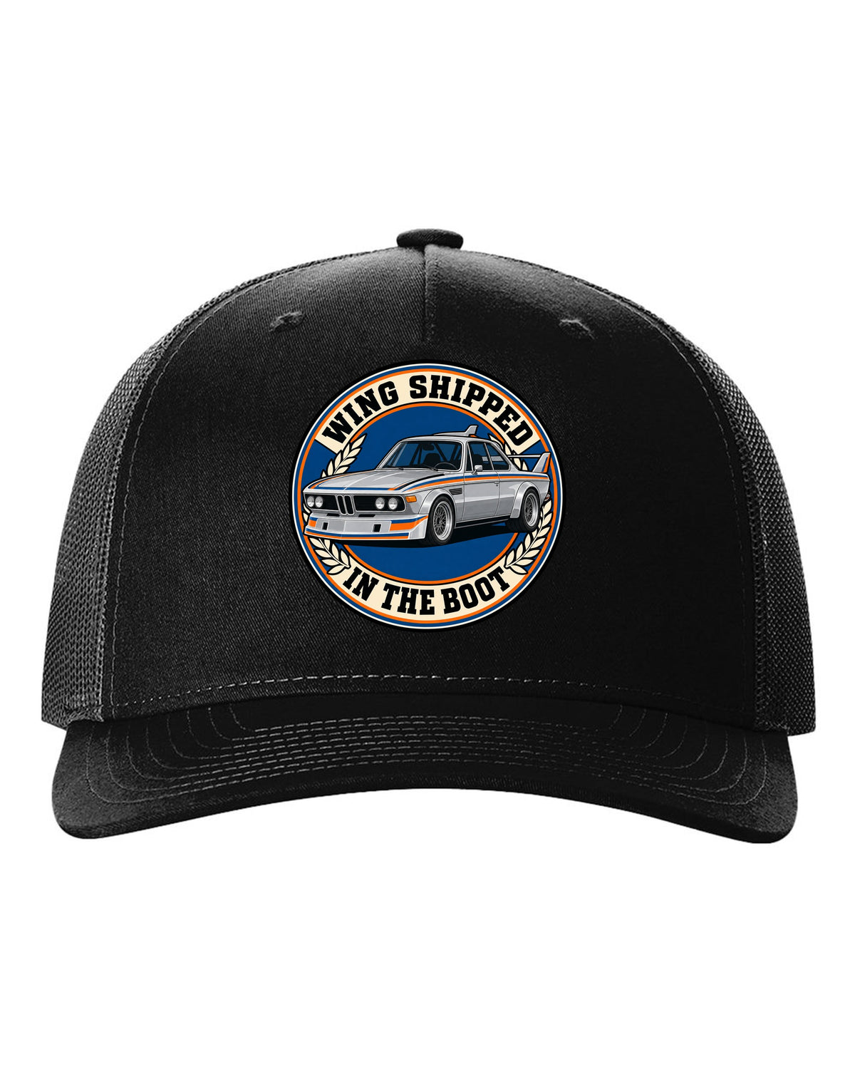 Embroidery-style varsity crest print of a BMW 3.0 CSL E9 with wing in the boot text black hat front view with the design