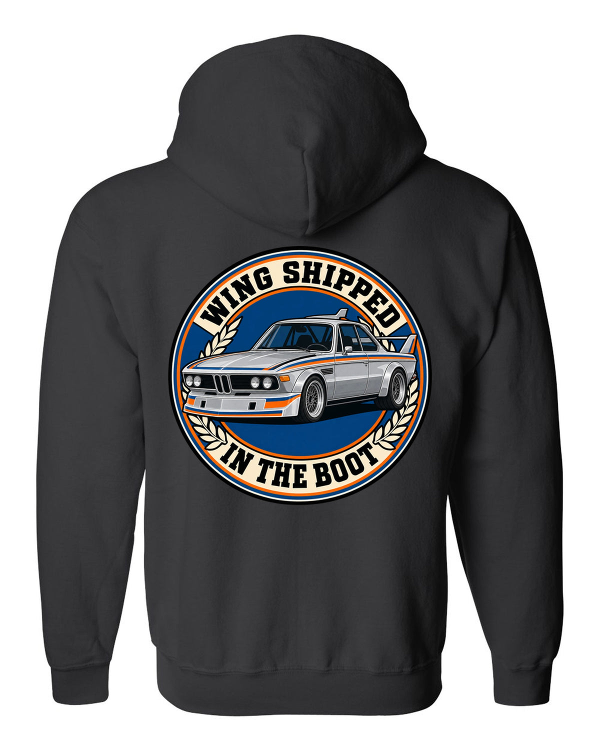 Embroidery-style varsity crest print of a BMW 3.0 CSL E9 with wing in the boot text black zip hoodie back view with the design