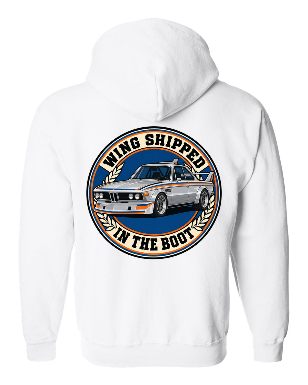 Embroidery-style varsity crest print of a BMW 3.0 CSL E9 with wing in the boot text white zip hoodie back view with the design