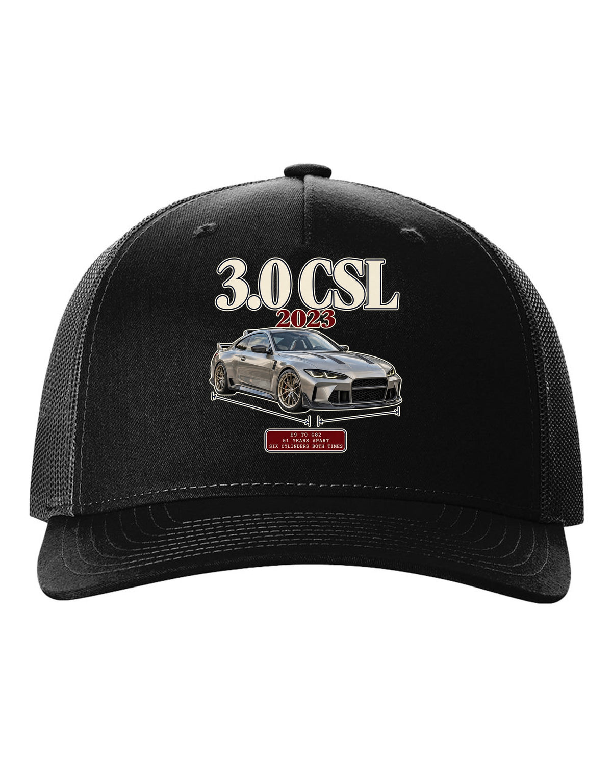 BMW 3.0 CSL E9 to G82 archive panel print black hat front view with the design