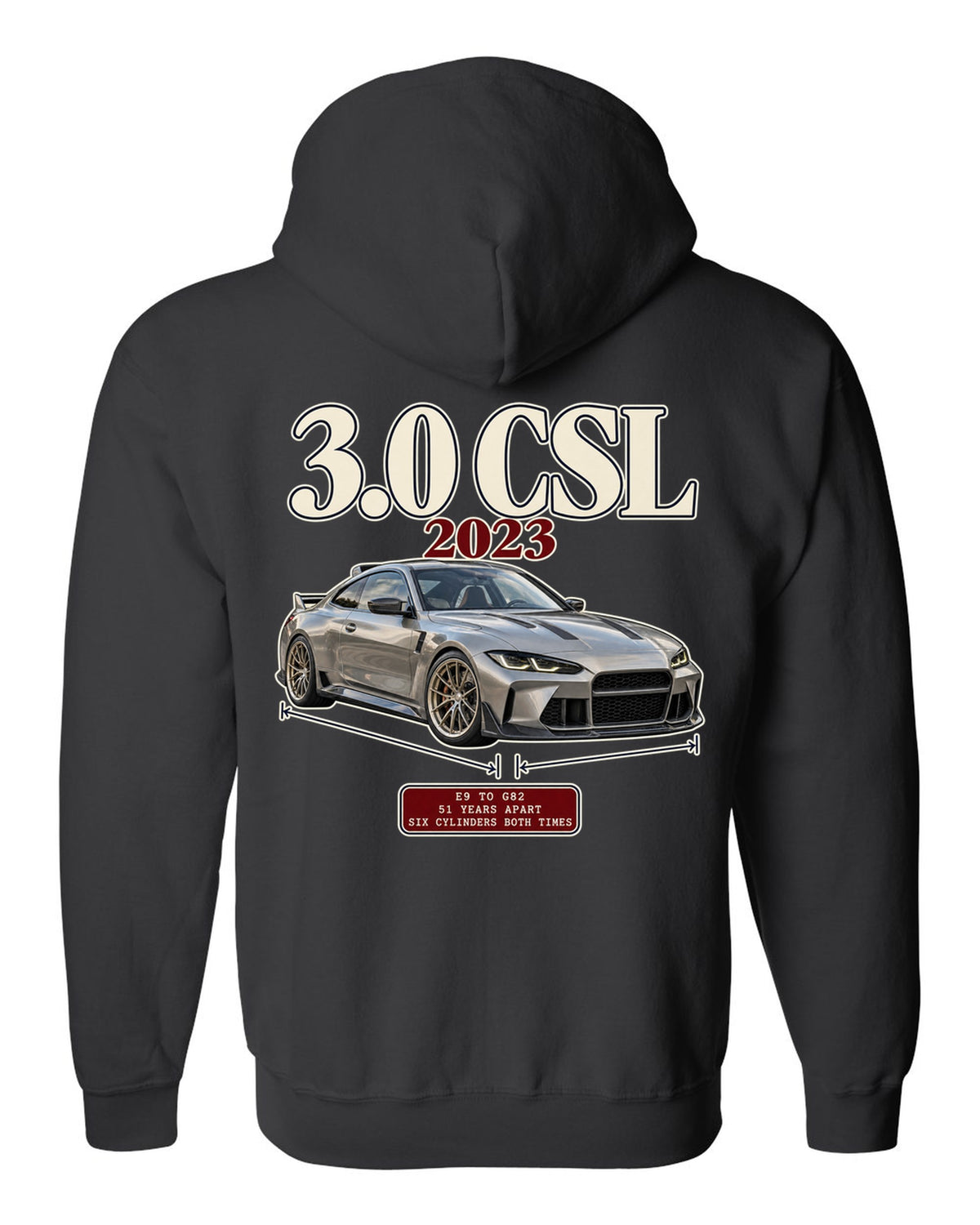 BMW 3.0 CSL E9 to G82 archive panel print black zip hoodie back view with the design