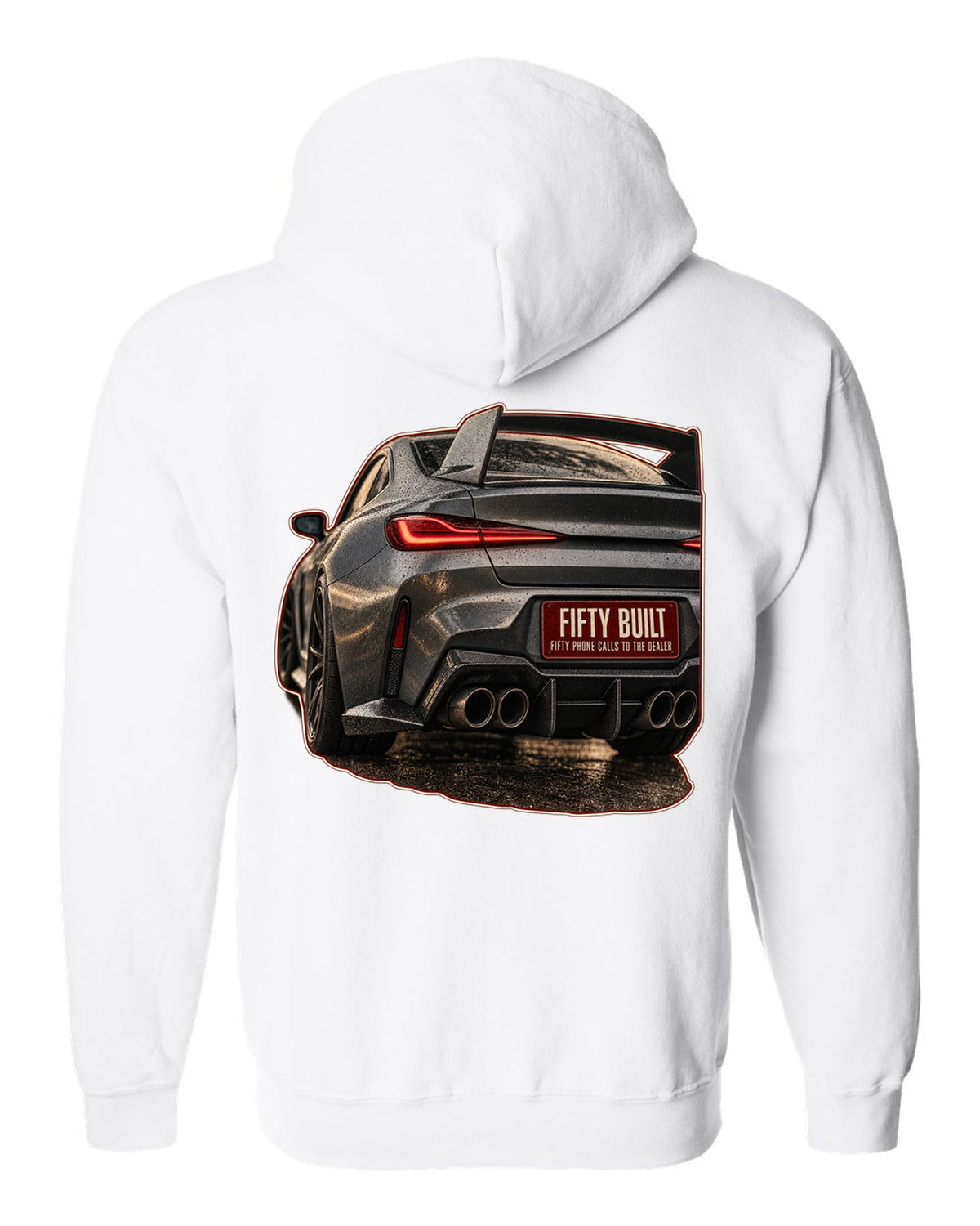 BMW 3.0 CSL 2023 rear light macro print white zip hoodie back view with the design
