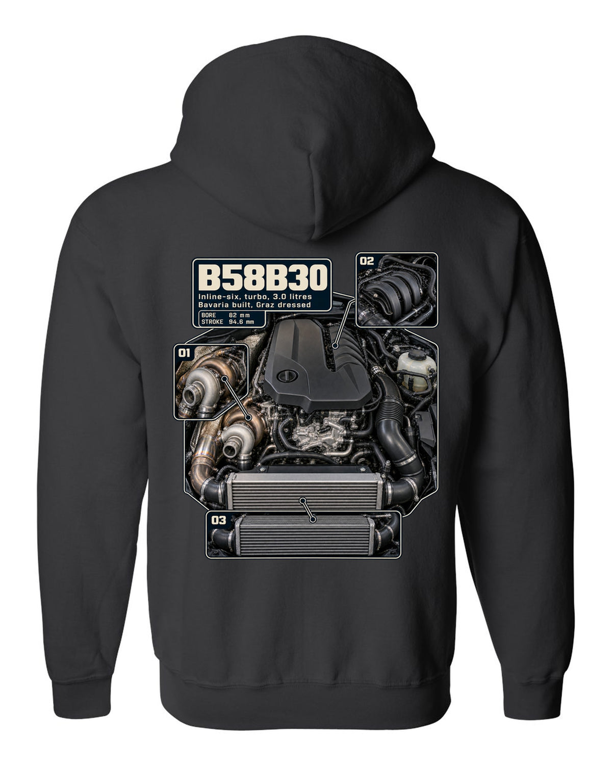 Engine hero print of the BMW B58B30 inline-six from the Z4 M40i black zip hoodie back view with the design