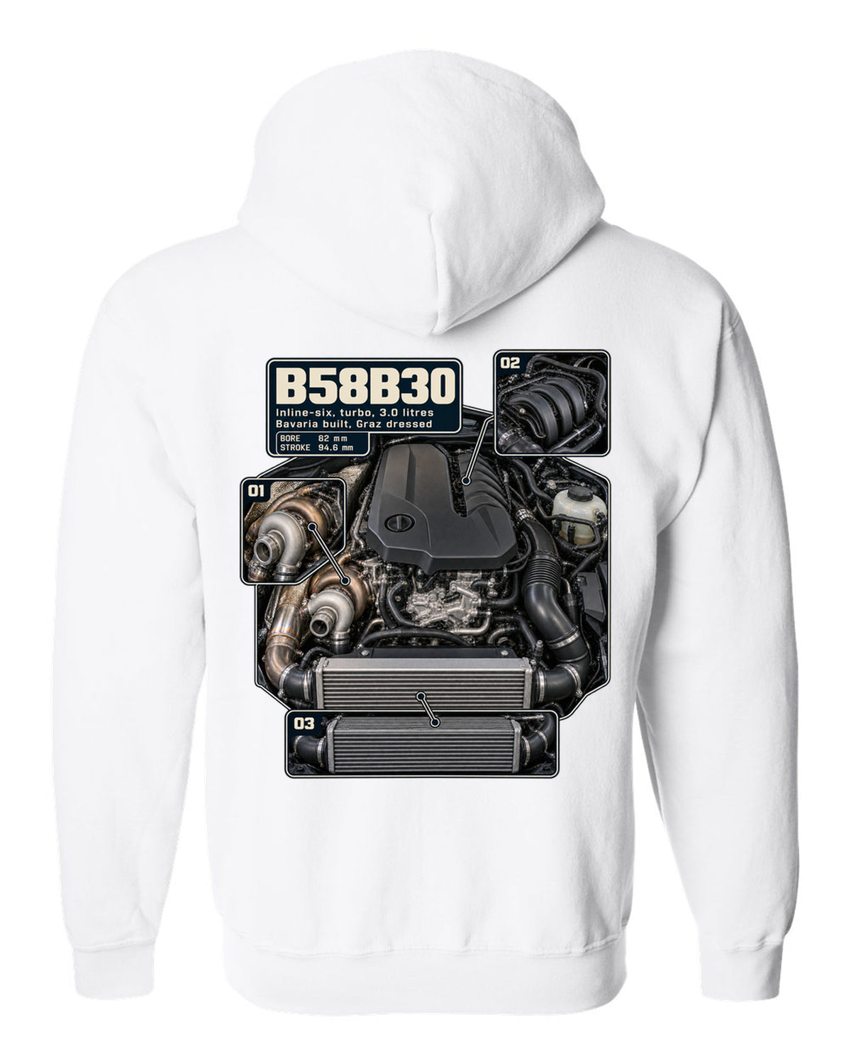 Engine hero print of the BMW B58B30 inline-six from the Z4 M40i white zip hoodie back view with the design