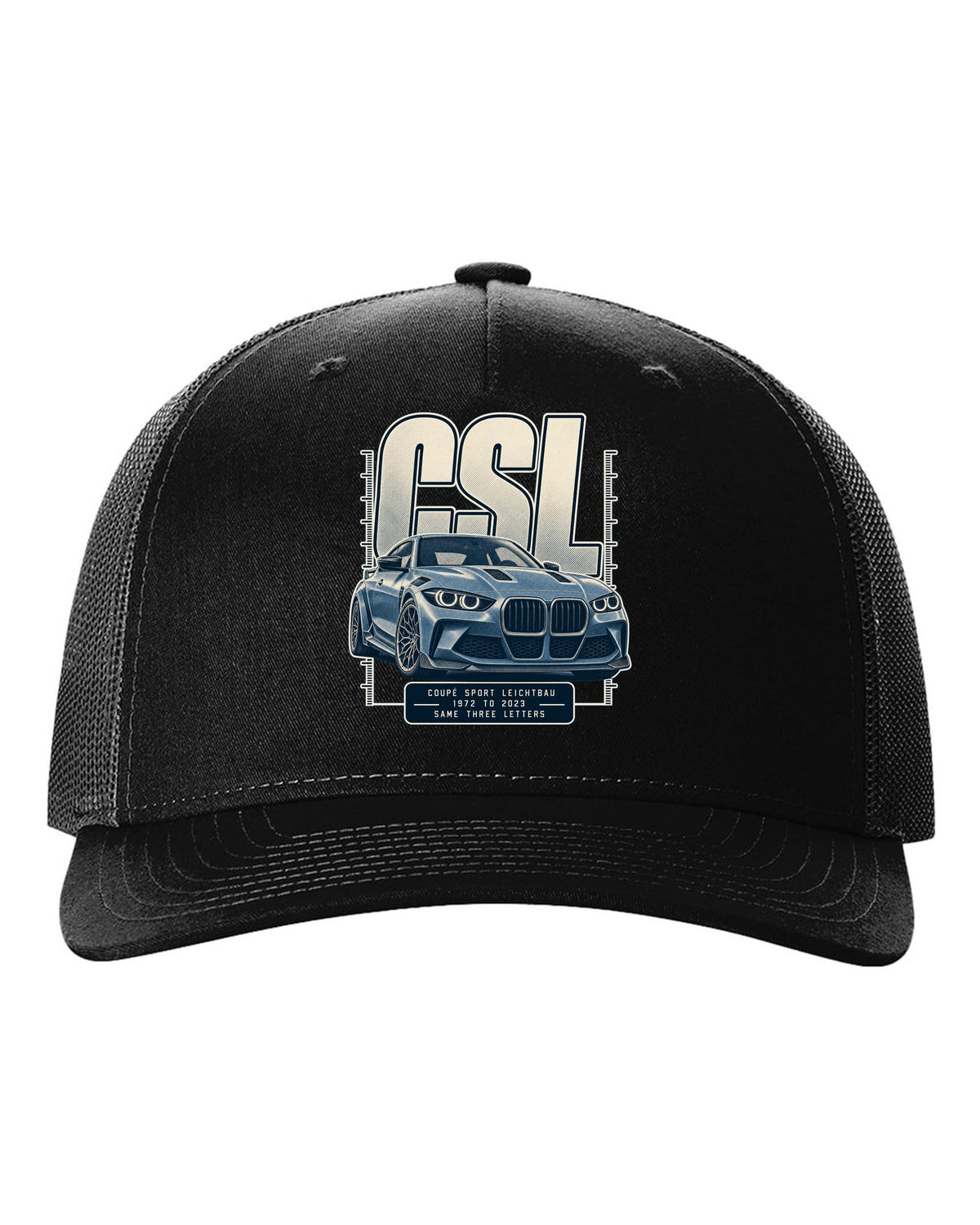 BMW CSL halftone lettering print, 1972 to 2023 black hat front view with the design