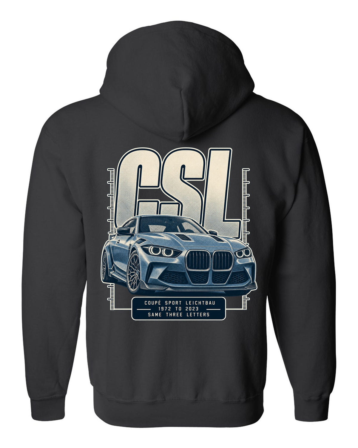 BMW CSL halftone lettering print, 1972 to 2023 black zip hoodie back view with the design