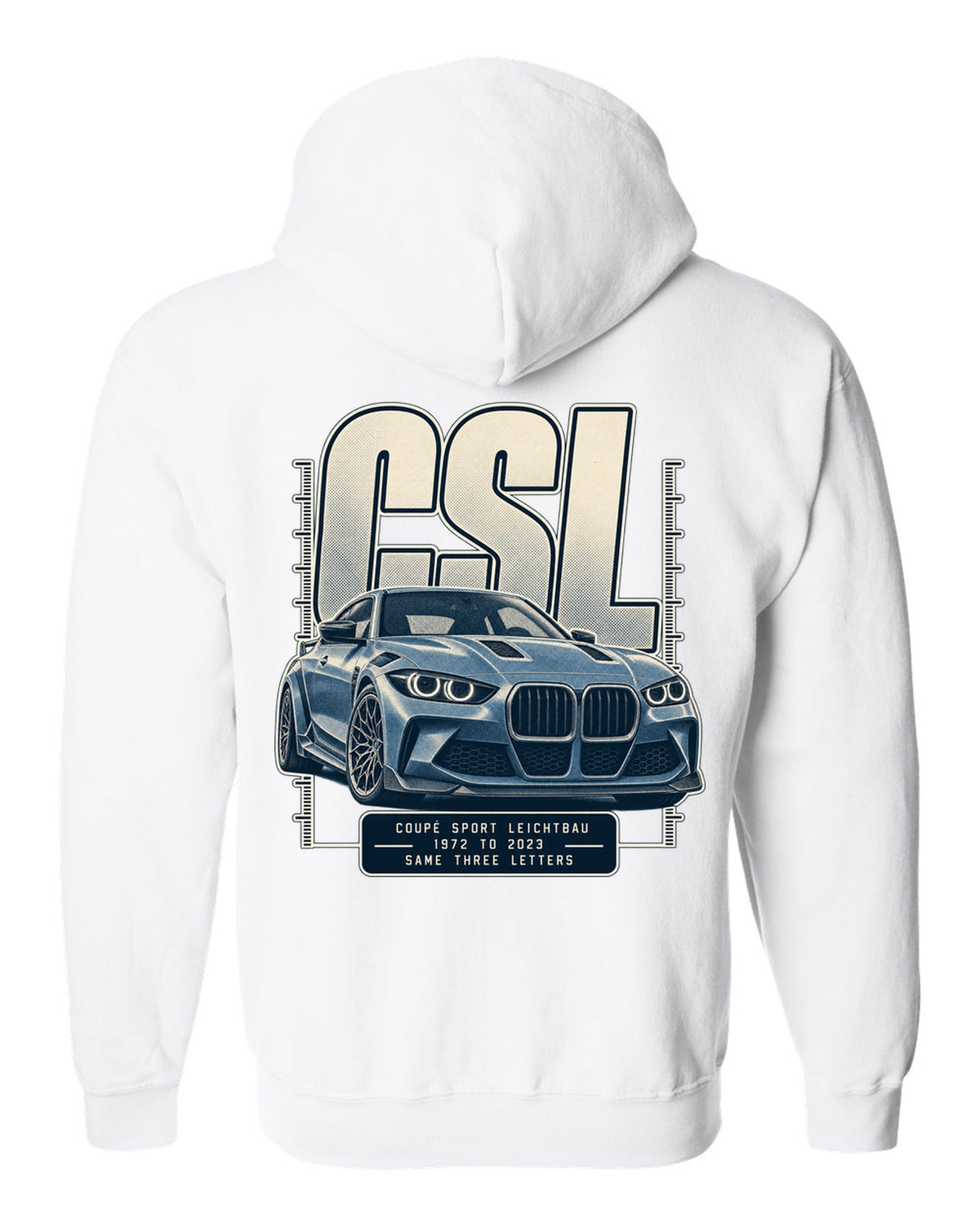 BMW CSL halftone lettering print, 1972 to 2023 white zip hoodie back view with the design