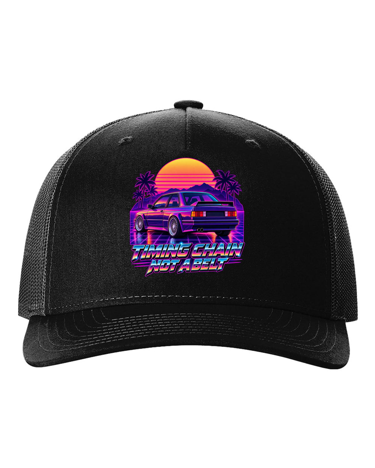 Synthwave outrun illustration of a BMW E30 M3 taillights at dusk with timing chain text black hat front view with the design