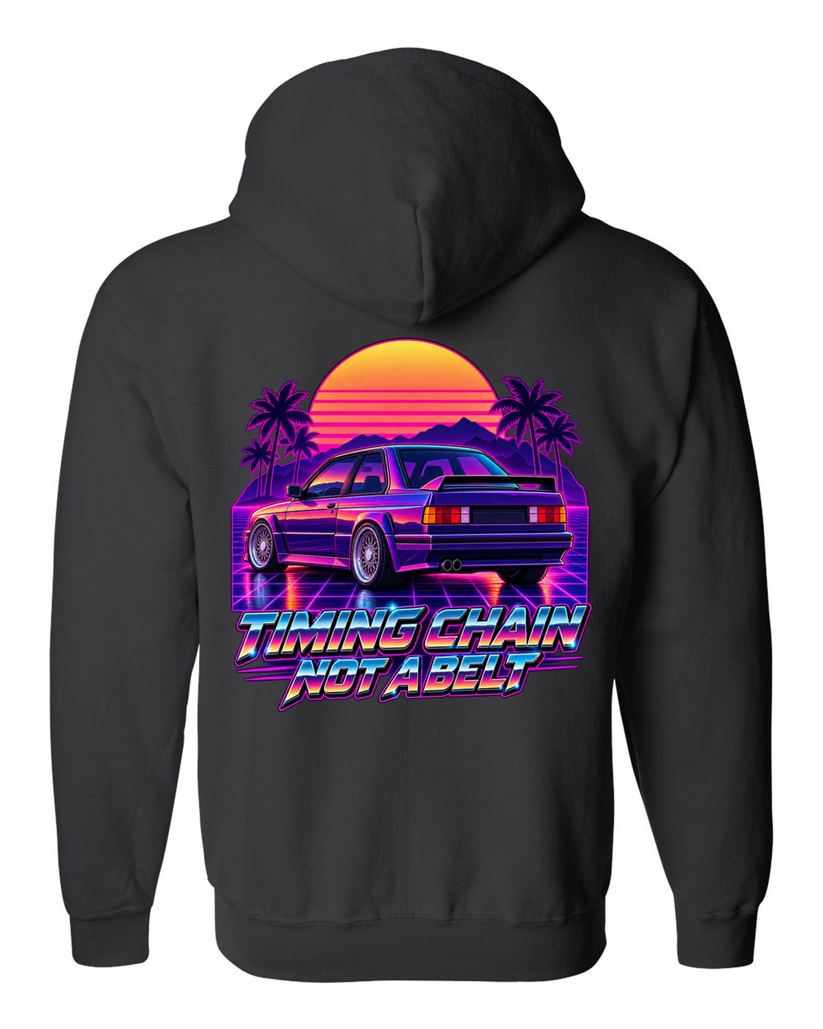 Synthwave outrun illustration of a BMW E30 M3 taillights at dusk with timing chain text black zip hoodie back view with the design