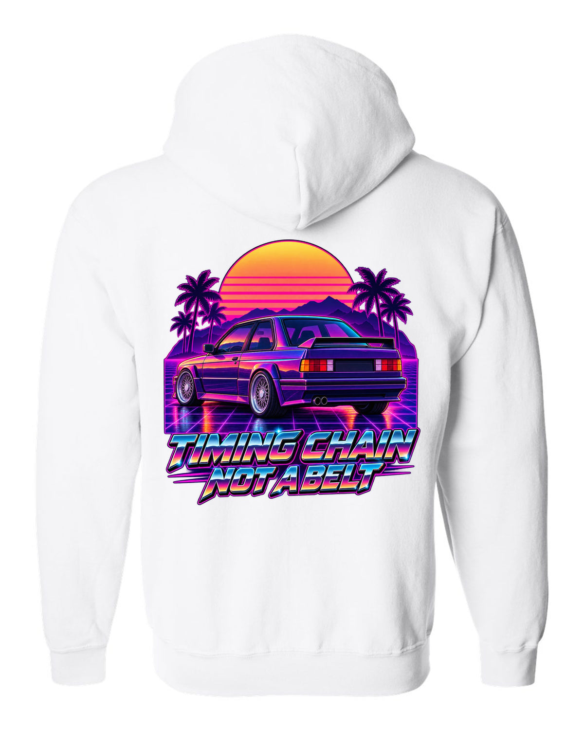Synthwave outrun illustration of a BMW E30 M3 taillights at dusk with timing chain text white zip hoodie back view with the design