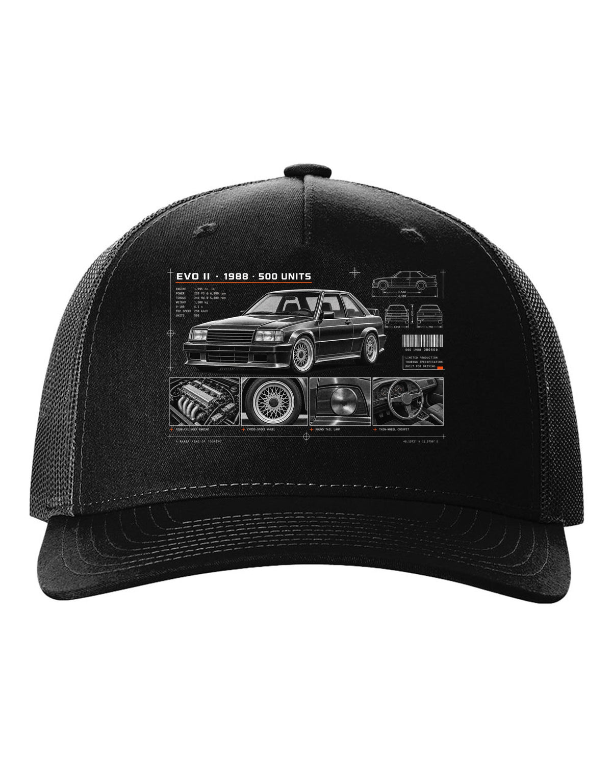 BMW E30 M3 Evo II 1988 dossier panel print with 500 units text black hat front view with the design