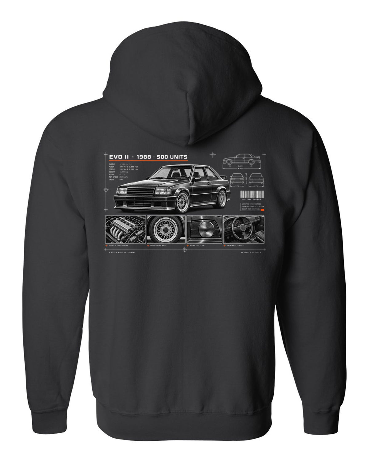 BMW E30 M3 Evo II 1988 dossier panel print with 500 units text black zip hoodie back view with the design