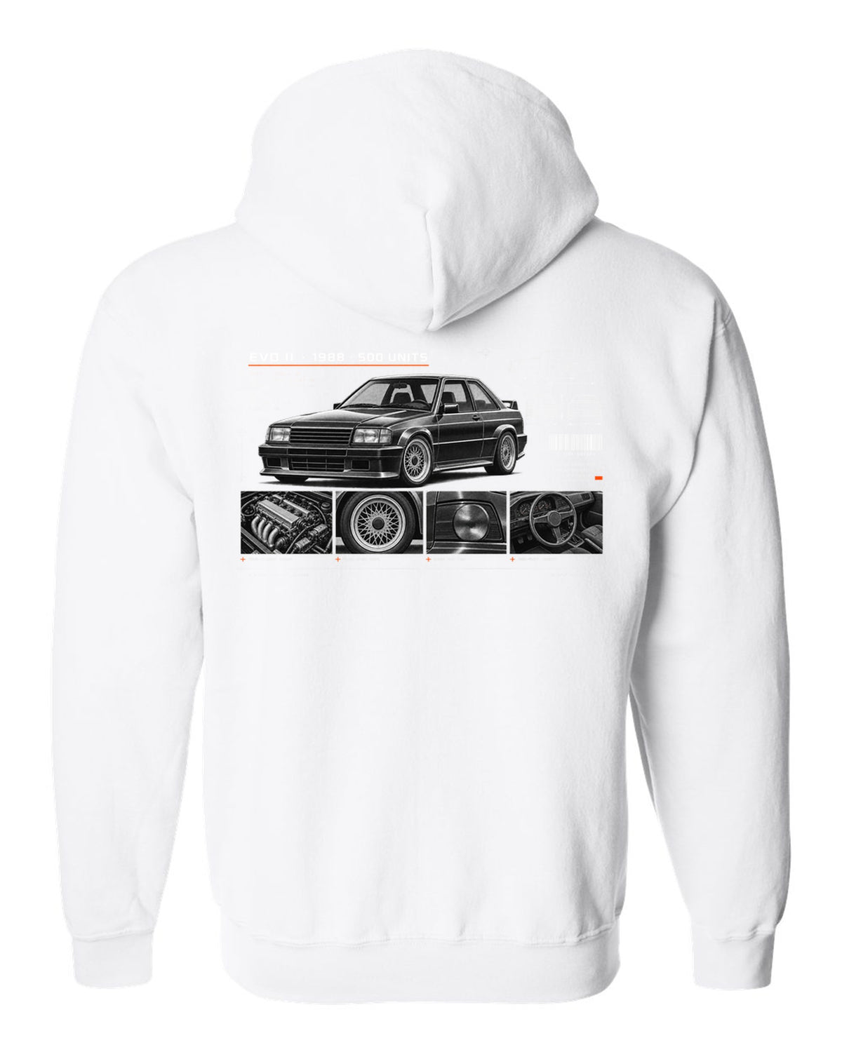 BMW E30 M3 Evo II 1988 dossier panel print with 500 units text white zip hoodie back view with the design