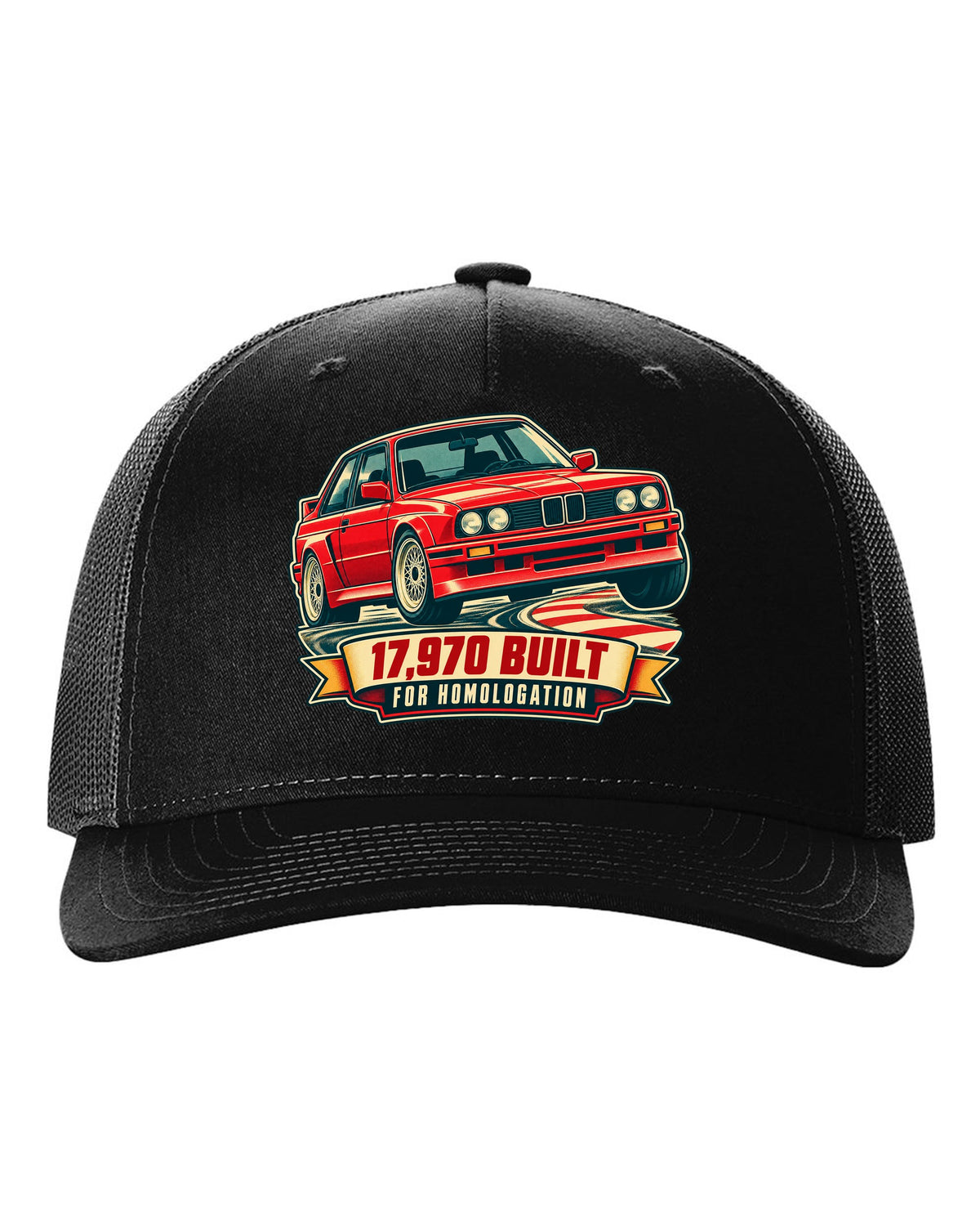 Vintage race poster print of a BMW E30 M3 at a hairpin with 17,970 built text black hat front view with the design